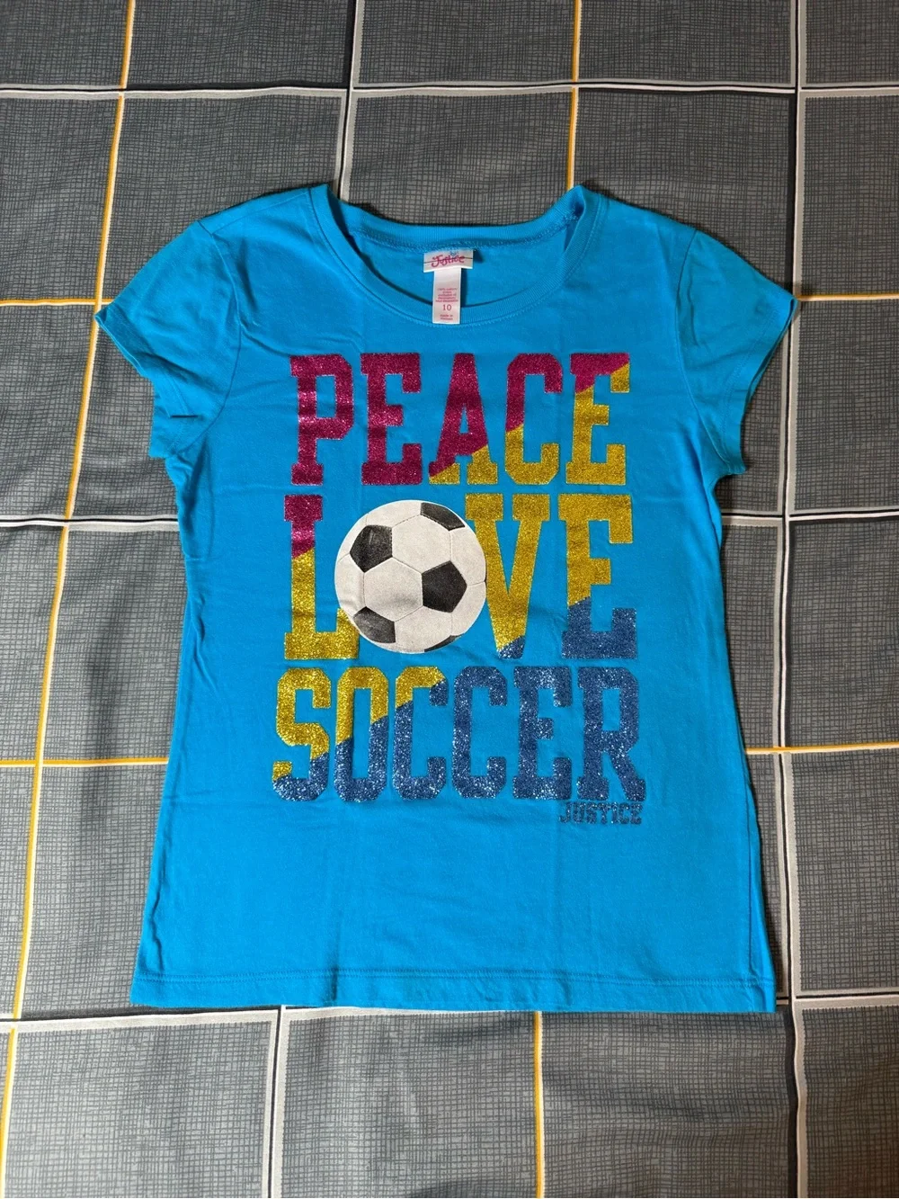 🧡Justice Bright Turquoise 'Peace Love Soccer' Glitter Graphic Tee Size 10